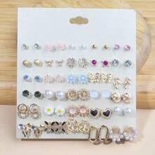 30 pares/tarjeta de pendientes tipo mariposa, corazón, lazo, perla y flor, un set sencillo y versátil