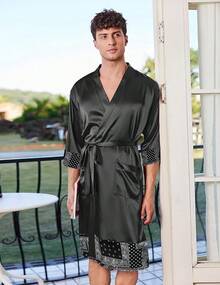 Mens Satin Robe Lightweight Silky Kimono Bathrobe 3/4 Sleeve Spa Knee Length Loungewear With Pockets S-3XLhalloween - 黑色圖案 - 查看 7