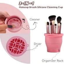 CZ 3IN1 Silicone Makeup Brush Cleaner Holder Portable Folding Washing ToolTravelFriendly Brush Cleaner Mat For Brushes Sponge Powder Puff Cosmetic Brush Cleaning Drying OrganizerPink  1613 - 粉色 - 查看 2