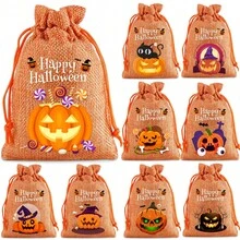 12pcs/Pack Halloween Burlap Print Gift Drawstring Pouches, Funny Pumpkin Pattern Gift Bags Suitable For Halloween Party, Halloween Decoration