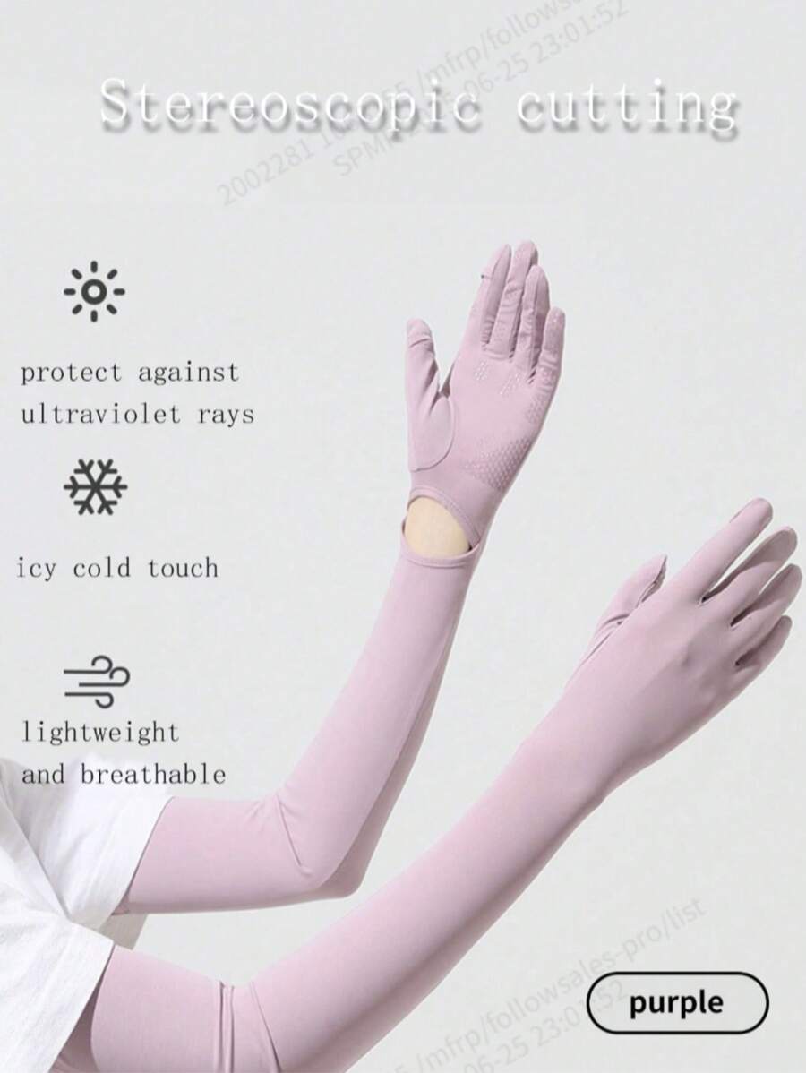 1pc New Style Women's Long Sun Protection Gloves For Summer. These Ice - Silk Arm Sleeves Can Block Ultraviolet Rays. They Are Suitable For Cycling And Driving, With Anti - Slip And Touch - Screen Functions. They Are Extra - Long To Cover The Arms And Perfect For Outdoor Use