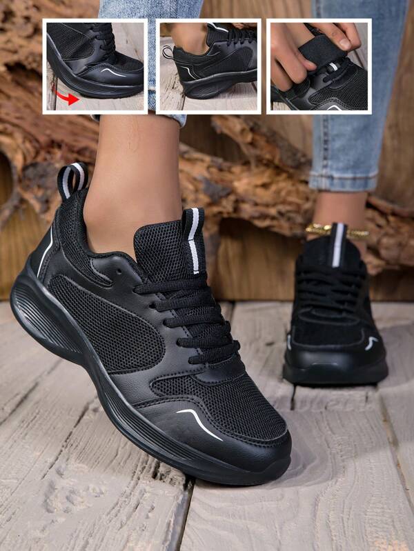 Women Fashion Casual Sneakers, Mesh Breathable Lace-Up Black Shoes, EVA Anti-Slip Shock-Absorbing Lightweight Soft Soles, Suitable For Daily Wear, Running, Fitness, Walking, Working, All Seasons