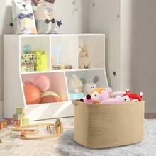 Large Jute Rectangle Rope Basket, 23.6" X 17" X 12" Blanket Storage For Living Room, Pool Towel Basket, Woven Baby Floor Laundry Hamper For Clothes, Toy Storage Bin, Bathroom Towel Storage - 白色 - 查看 6