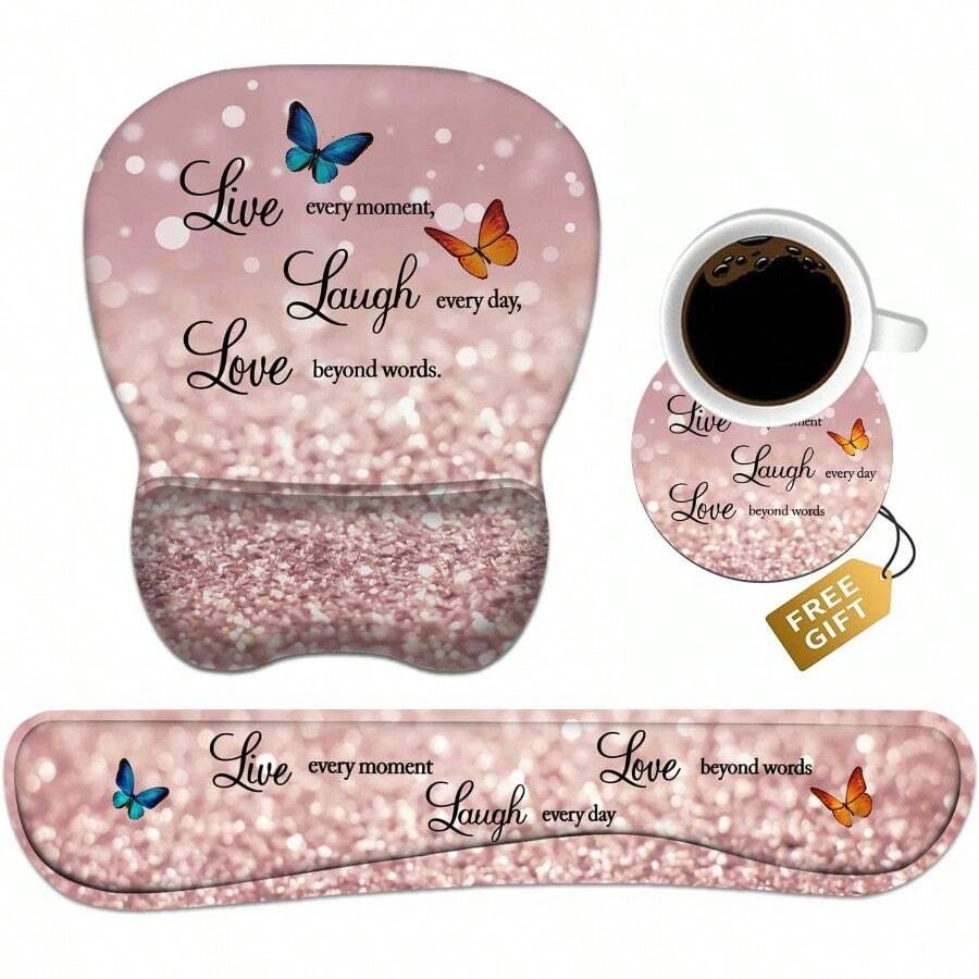YQQ Ergonomic Mouse Pad Wrist Support And Keyboard Wrist Rest Set With Coasters NonSlip PU Base Easy Typing And Pain Relief For Computer Laptop Home Office Glitter Quote Live Laugh LoveWB - 閃光引語現場歡笑愛 - 查看 1