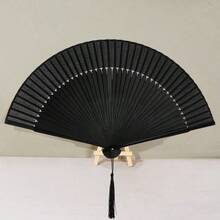 Hand Held Bamboo Silk Folding Fan Chinese Japanese Handheld Fan With Tassel Wooden Charming Elegant Vintage Retro Style For Women Ladys Girls Dance Party Home Decorations Black - 黑色 - 查看 6