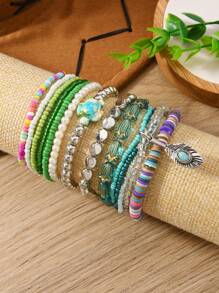 11 Peças/Conjunto Pulseira Elástica Multicamadas de Mulher com Contas, Pulseira Elegante e da Moda para Uso Diário