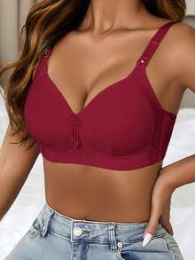 Sujetador sin costuras para mujer, sujetador de encaje floral de copa completa ajustable, ropa interior de mujer con tirantes con bordado de flores, sin almohadilla de pecho extraíble, cómodo y suave con tirantes anchos para dar forma y soporte, lencería moldeadora para comodidad y estilo - Rojo - Ver 7