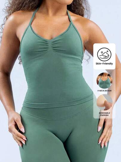 Yefecy Ny Impact Sports Yogaväst Dam Fitness Yoga Top Gym Kläder Träning Rygglös Scrunch Inbyggd BH med kupor Toppar