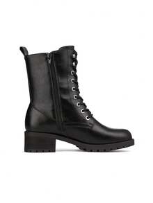 Women's Mid Calf Combat Boots Fashion Lace-Up Biker Ankle Booties Waterproof Military Winter Zip Boots - Black - View 7