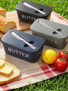 1 Set Butter Dish With Stainless Steel Butter Knife, Covered Cheese Box, Cheese Slice Container, Refrigerator Food Box, Suitable For Home Kitchen, Outdoor Picnic & Camping - Multicolor - View 4