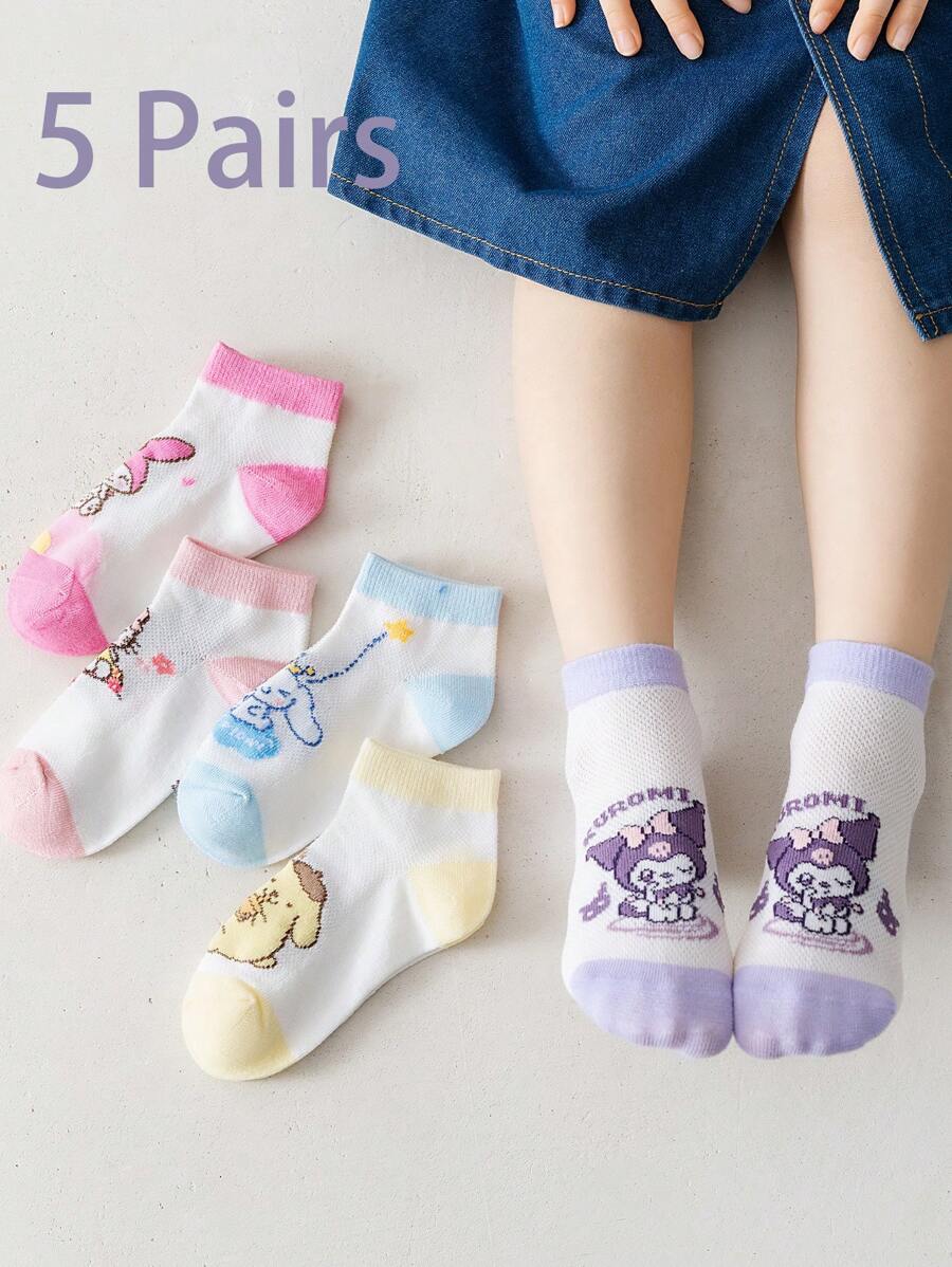 5 双女孩网眼透气袜子，可爱卡通人物设计，包括 、、兔子、Melody、，柔软舒适，适合 0-16 岁男孩/女孩，春夏中筒袜 - 彩色 - 查看 1