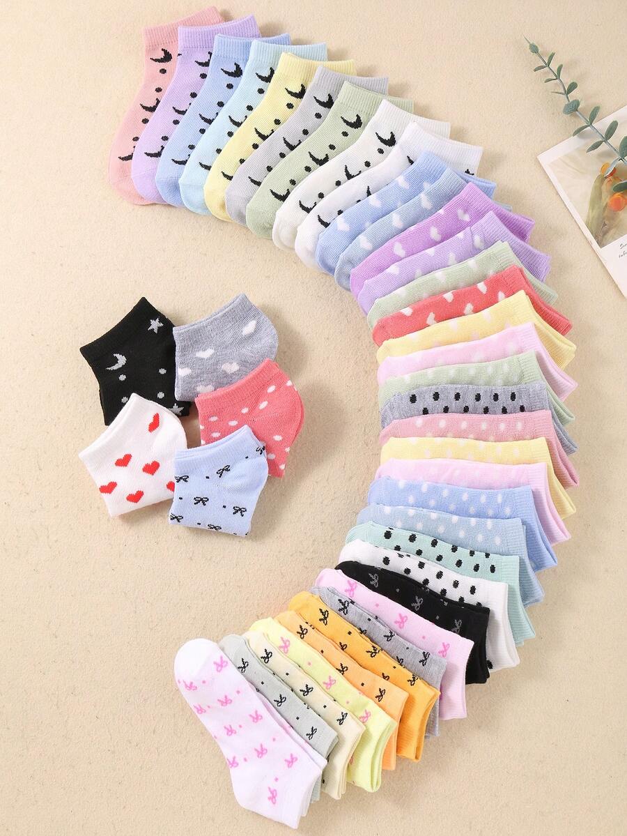 10 双儿童袜子:糖果色、蕾丝蝴蝶结、心形、圆点、月亮 柔软、舒适、休闲、百搭、学生踝袜 - 适合日常使用和学校穿着 随机混合颜色 衣柜必备儿童袜子 青少年袜子 女孩 - 彩色 - 查看 1