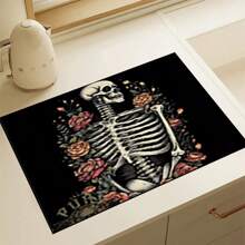1 pieza Estera de secado para cocina con estampado de calavera y rosa, súper absorbente para ocultar manchas, con respaldo de goma, almohadilla multiusos para cafetera, encimeras, platos, absorbe el agua rápidamente