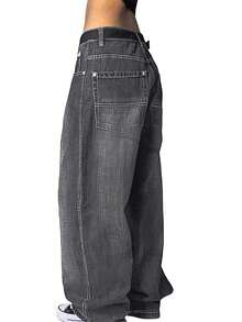 Women's Hip Hop Baggy Jeans Wide Leg Mid-Low Waist Jeans Loose Boyfriends Jeans 90s Vintage Denim Pants - 深灰色 - 查看 3