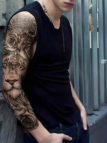 1 Sheets Extra Large Full Arm Size Body Art Temporary Tattoo Stickers For Men And Women, Realistic Animal Style Lion Crown Flowers Pattern, Waterproof Fake Sleeves Tattoos, Lasts 2-5 Days, Covering Scars, Can Be Used On Arms Wrist Shoulders Legs Waist Neck Hand Chest Thighs Finger, Best Friend Couple Party Tattoo