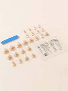 Bộ móng giả kiểu Pháp, móng giả vuông ngắn màu nude, đầu móng nhọn màu trắng kết hợp với họa tiết đường kẻ vàng tối giản, sơn gel bóng, keo dán móng tự nhiên tái sử dụng, dụng cụ làm móng nghệ thuật. - Nhiều màu - Xem 2