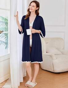 Women Kimono Robe 3/4 Sleeves Loungewear Dress Knee Length Sleepwear Pockets Housecoat Short Bathrobe S-XXL - 藏蓝色 - 查看 4