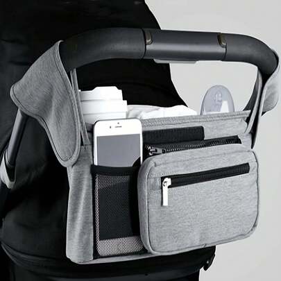 1 túi đựng đồ treo xe đẩy em bé màu đen, hộp đựng tã đa năng có chỗ để cốc, túi đựng điện thoại có thể tháo rời và dây đeo vai, thiết kế di động
