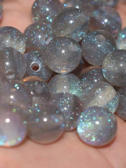 50pcs 8/10/12mm Grey Sparkle Glitter Loose Beads - Synthetic Round Beads With Iridescent Shimmer For Jewelry Making, Bracelets, Necklaces - Mother's Day DIY Craft Supplies, Beads For Jewelry Making