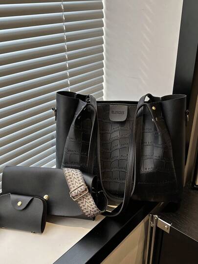 3 件套简约时尚仿鳄鱼皮托特包，配色块肩带装饰，容量大，用途广泛，包括斜挎包和零钱包，适合通勤、购物、所有季节，实用简约风格，适合女性