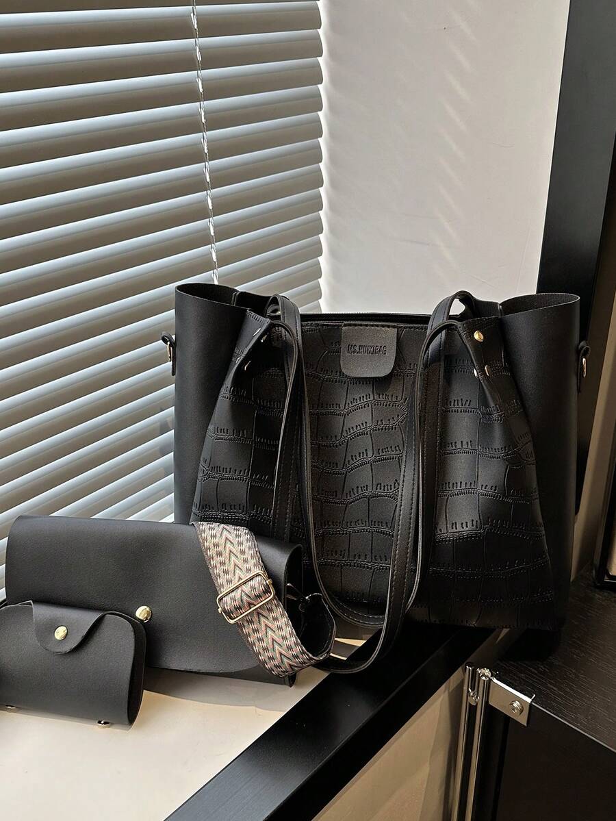 3 pièces Set de sac cabas de mode minimaliste de crocodile avec une décoration de sangle bicolore, grande capacité polyvalente, comprenant un sac à bandoulière et un porte-monnaie, pour les trajets, les courses, toutes les saisons, un style minimaliste pratique pour les femmes