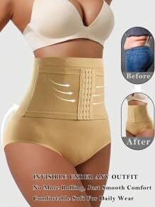 无缝高腰腹部塑身内裤训练塑身短裤下装收腹塑身女士平腹控制内裤提臀提臀三角裤腰部训练收腹内衣塑身衣带前扣闭合 - 杏色 - 查看 4