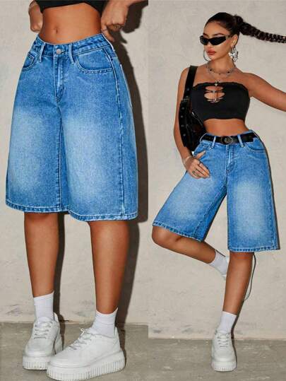 Women's Casual Denim Capri Shorts, Comfortable Loose Fit Everyday Wear Denim Bottoms