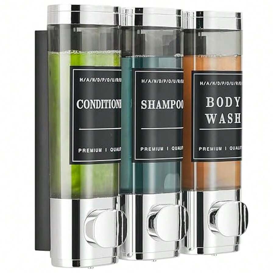 Shower Soap Dispenser Wall Mounted No Drill Shampoo Dispenser For Shower Wall Shampoo And Conditioner Dispenser Bathroom Hotel 3  300ml Chrome With Labels