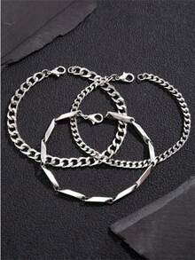 3 Pieces Set/Set Of Simple Titanium Steel Fashionable Men's Chain Bracelet, Suitable For Daily Wear. - Silver - View 3
