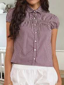 Women's Button Down Shirts Cap Sleeve Lapel Collar Stripes/Plaid Print Slim Fit Tops Summer Shirts - Burgundy - View 5