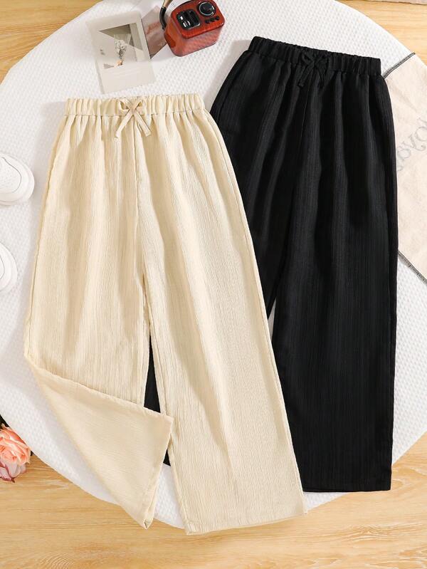 2pcs/Set Girls Spring/Autumn New Casual Pants Set, Teens Simple Black + Beige Loose Fit Waistband-Free Trousers, Comfortable & Soft Fashionable Childrenswear, Girls Leisure Daily Outdoor Recreation Vacation Outfit