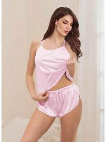 4Pcs Womens Silk Pajama Sets Satin Pajamas Set Sexy Cami Lingerie Pjs Nightwear Silky Pj Loungewear Sleepwearhalloween - 淡粉紅色 - 查看 5