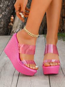 Sandali alla gelatina con zeppa e punta aperta, nuovi tacchi alti Platform trasparenti di colore fucsia alla moda, scarpe con suola antiscivolo spessa che aumentano l altezza per l estate