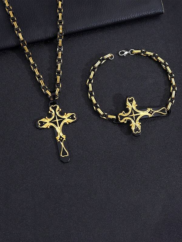 Set de 2 piezas con collar y pulsera de gota de aceite multicolor con doble cruz, cadena de acero inoxidable de alta calidad, accesorio de joyería con colgante religioso de moda, regalos para el Día de San Valentín, el Día del Padre y el Día de la Madre