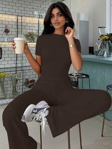 女士时尚露脐短袖上衣搭配系带喇叭裤运动套装，春夏款 - 咖啡 - 查看 3