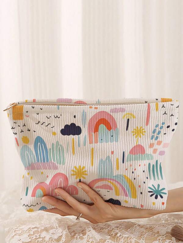 Sac de maquillage en velours côtelé à motif amusant, trousse de toilette légère et zippée, organisateur polyvalent pour femmes et hommes, version épaissie. Accessoires de voyage, vacances d'été, rentrée scolaire, sac pour l'école, sac de voyage pour femmes, sac de maquillage pour le voyage