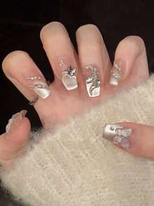 10 件粉色猫眼法式 3D 蝴蝶蛇钻石手工指甲压花指甲春夏甜美可爱女孩链条水钻装饰中长椭圆形/短棺材假指甲全覆盖指甲尖带果冻胶和指甲锉，DIY 美甲用品 - 粉色 - 查看 2