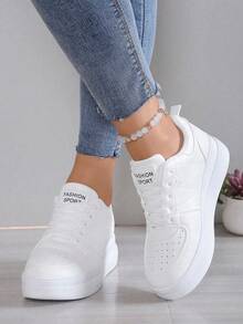 Women's Classic White Low-Top Casual Fashion Flat Sneakers, Outdoor Sports Shoes, Lightweight Soft-Soled Breathable Slip-On Platform Shoes - 白色 - 查看 3