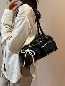 新款时尚经典纯色PU防水女士手提包，串珠蝴蝶结装饰设计，大容量单肩包，贝壳包，适合购物、通勤、旅行 - 黑色 - 查看 8