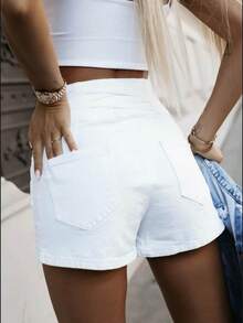 Pantalones cortos de mujer de tela de color con cintura alta, cordón, botones, moda de verano, ocio, unicolor, bolsillo, uso diario, pantalones de verano con botones - Blanco - Ver 4