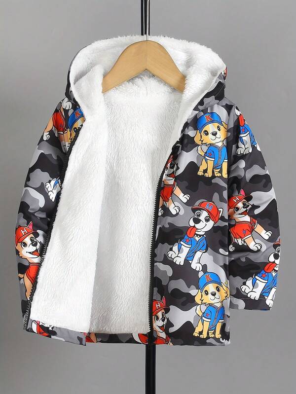 Jaqueta térmica forrada para outono/inverno para meninos, novo estilo 2025, estampa camuflada de cachorro fofo, manga comprida, moletom com zíper