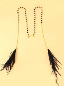 1pc Black Beaded Face Chain With Black Feather Tassel And Nose Bridge, Gold-Color