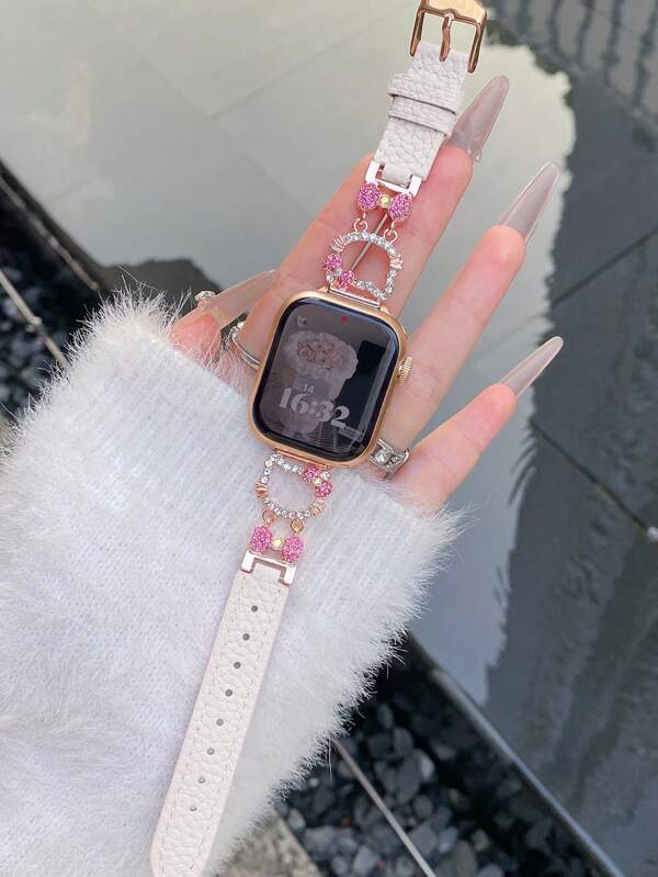 1pc Fashionable Rhinestone Rose Gold-Color Metallic KT Cat Cartoon Shape Leather Apple Watch Band, Fits 38mm/40mm/41mm/S10, 42mm/44mm/45mm/46mm, Ideal Gift For Young Women, Girls, Students, Daughters, Friends - Compatible With Apple Watch Ultra/SE/S10/S9/8/7/6/5/4/3/2/1