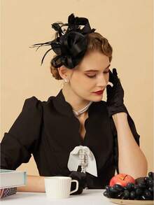 Derby Fascinators Women High Tea Party Hat Wedding Cocktail Flower Headware With Mesh And Feathers - Y-black - View 2