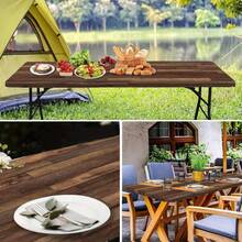1pc Elastic Edge Tablecloth With Realistic Wood Grain Texture - Durable Polyester Rectangular Tablecloth For Indoor/Outdoor Use, Spill-Proof Kitchen Table Protector, Picnic And Patio Furniture Accessory, Stylish Dining Table Decor | Woven Fabric - Black - View 11