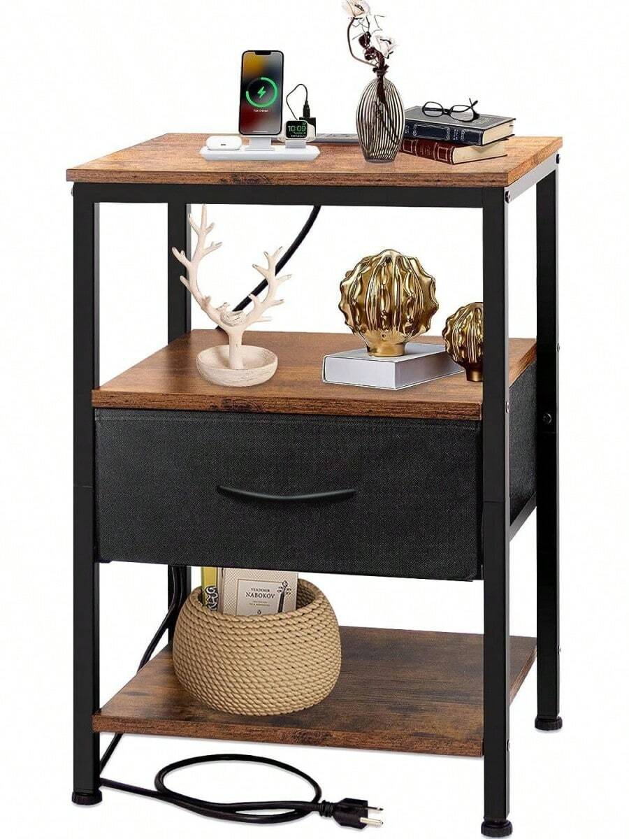 Mesita de Noche, Buró para Recamara, Vintage con Estación de Carga, 3 Niveles de Almacenamiento, 1 Cajones, Puertos USB y Tomas de Corriente - Buró Multifuncional para Dormitorio y Sala de Estar - Marrón - Ver 1