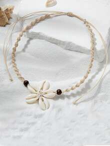 Bohemian Adjustable Shell Woven Flower Pendant Necklace - White & Black Bead Accents, Lightweight Beach Jewelry For Women, Everyday Summer Gift, Year-Round Versatile Accessory, Casual Jewelry, Natural Aesthetic, Boho Chic Accessory, Delicate Craftsmanship, Boho Fashion Lovers - Multicolor - View 4