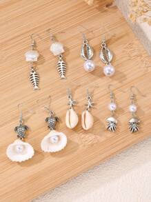1/5 par de pendientes de aleación con colgantes de peces pequeños, tortugas marinas y estrellas de mar, de la serie de vacaciones con estilo minimalista y de océano, para mujeres