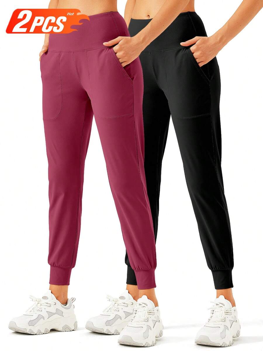 2 Piece Set Women's Lightweight Joggers Workout Leggings Workout Yoga Running Travel Gym Stretchy Pockets - đỏ tía đen - Xem 1
