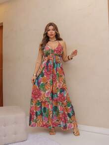 vestido longo com bojo estampa 3D multicolorido novo modelo atras com amarrar costas nua - Rosa empoeirado - Visão 2
